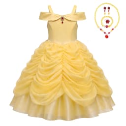 Girls Luxury Yellow Off Shoulder Princess Dress Ruby Accents Belle Cosplay Costume Birthday Party Elegant Ruched Tulle Ball Gown