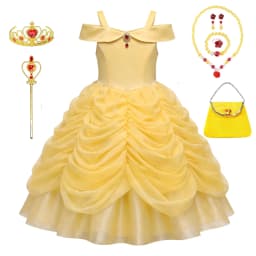 Girls Luxury Yellow Off Shoulder Princess Dress Ruby Accents Belle Cosplay Costume Birthday Party Elegant Ruched Tulle Ball Gown