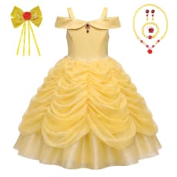 Girls Luxury Yellow Off Shoulder Princess Dress Ruby Accents Belle Cosplay Costume Birthday Party Elegant Ruched Tulle Ball Gown