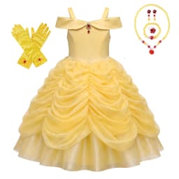 Girls Luxury Yellow Off Shoulder Princess Dress Ruby Accents Belle Cosplay Costume Birthday Party Elegant Ruched Tulle Ball Gown