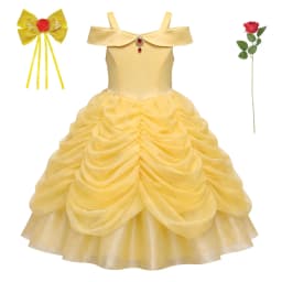 Girls Luxury Yellow Off Shoulder Princess Dress Ruby Accents Belle Cosplay Costume Birthday Party Elegant Ruched Tulle Ball Gown