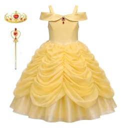 Girls Luxury Yellow Off Shoulder Princess Dress Ruby Accents Belle Cosplay Costume Birthday Party Elegant Ruched Tulle Ball Gown