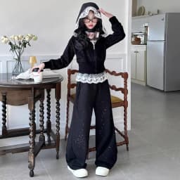 2026 Spring New Girls Clothes Children Suit Teenager Lace Zipped Jacket Narrow Hooded Crop Top + Wide Leg Pants 4 -15 Years
