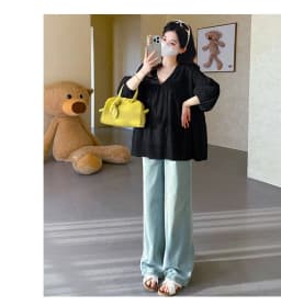 Maternity Shirt Summer 2026 Loose Breathable V Neck Puff Sleeve doll shirt Cute Soft Comfortable
