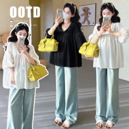 Maternity Shirt Summer 2026 Loose Breathable V Neck Puff Sleeve doll shirt Cute Soft Comfortable