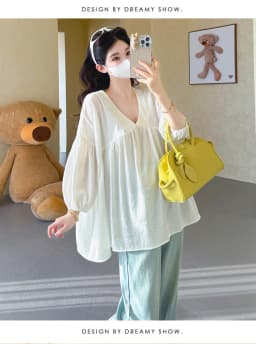 Maternity Shirt Summer 2026 Loose Breathable V Neck Puff Sleeve doll shirt Cute Soft Comfortable