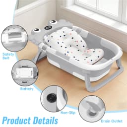 Foldable Baby Bathtub with Temperature Sensor & Non-Slip Bath Mat Cushion Support Portable Newborn Shower Tub for 0-36 Months Travel Bath Pool