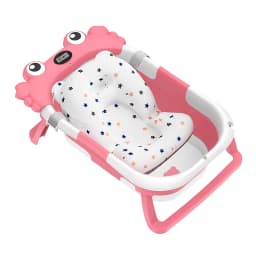 Foldable Baby Bathtub with Temperature Sensor & Non-Slip Bath Mat Cushion Support Portable Newborn Shower Tub for 0-36 Months Travel Bath Pool