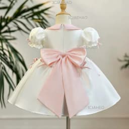 2026 Children Girls White Formal Wedding Dress Kids Fashion Performance Pink Bow Baby Birthday First Party Princess Gown Costume