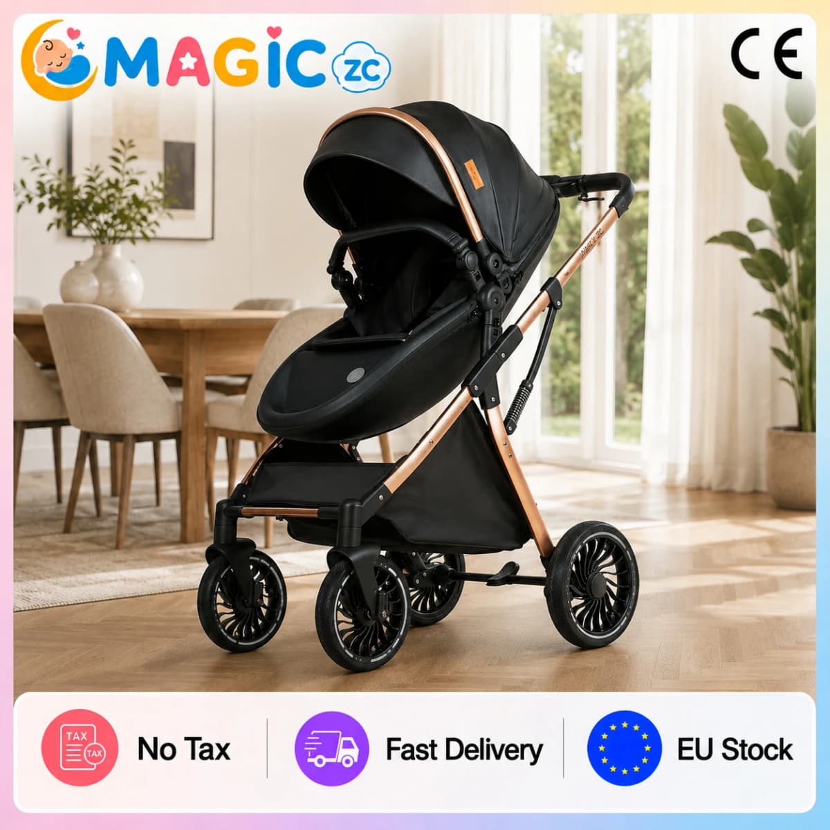 3 in 1 Baby Stroller Eggshell Design with Reversible Seat Adjustable Canopy Aluminum Frame Baby Travel System Baby Pram for Newborn to Toddler with Foldable Shock Absorbing Wheels for City Walks Shopping Trips and Family Travel