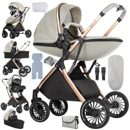 3 in 1 Baby Stroller Eggshell Design with Reversible Seat Adjustable Canopy Aluminum Frame Baby Travel System Baby Pram for Newborn to Toddler with Foldable Shock Absorbing Wheels for City Walks Shopping Trips and Family Travel
