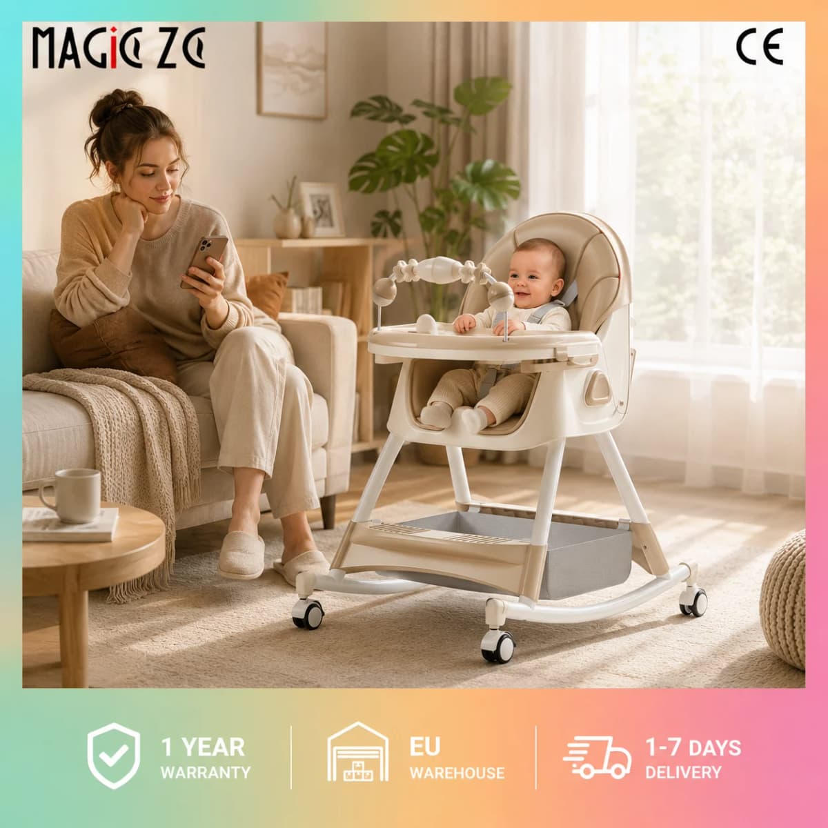 Multi-Stage Baby High Chair, 4-in-1 Infant Feeding Seat with Removable Activity Center, Adjustable Dual Dinner Trays, Toddler Rocking Horse & Scooter Chair, Reinforced Metal Tube Booster Seat with Storage Net & Safety Caster Wheels