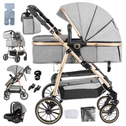 3 in 1 Baby Stroller with Car Seat Luxury High Landscape Infant Carriage Foldable Lightweight Newborn Travel System Pram with Sleeping Basket Rain Cover Mosquito Net Footmuff Diaper Bag Shockproof Pushchair Outdoor Nursery Essentials
