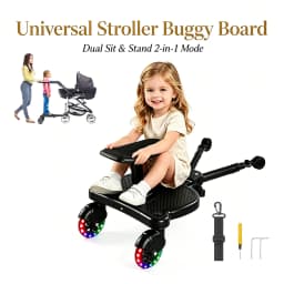 Universal Sit & Stand Double Mode Stroller Buggy Board with Detachable Soft Cushion Seat, 360° LED Flashing Wheels, Holds Up To 55Lbs for Out with Two Little Ones