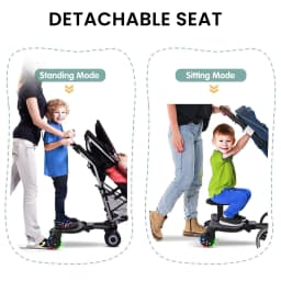 Universal Sit & Stand Double Mode Stroller Buggy Board with Detachable Soft Cushion Seat, 360° LED Flashing Wheels, Holds Up To 55Lbs for Out with Two Little Ones