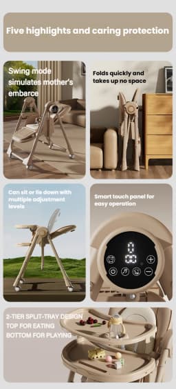 Electric Baby High Chair Swing Convertible Feeding Chair 3 in 1 Infant Dining Seat with Bluetooth Music Function Timer Settings Remote Control Rocking Cradle Adjustable Recline Backrest Height Portable Toddler High Chair Safety Harness Removable Tray Baby
