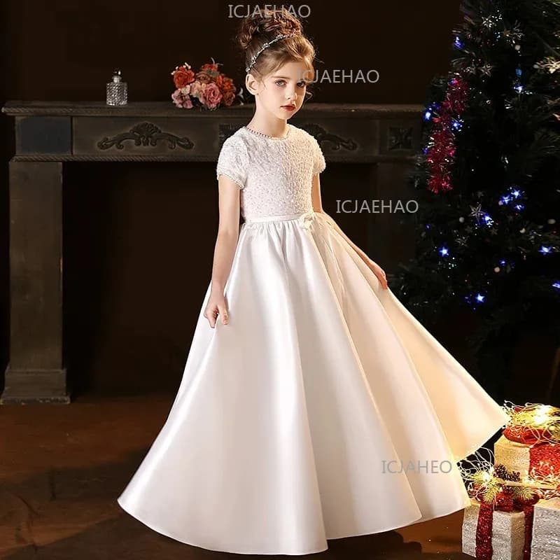 White Kids Formal Princess Performance Birthday Flower Girl Evening Dress Gown Korean Style Sweet Little Children Host Piano