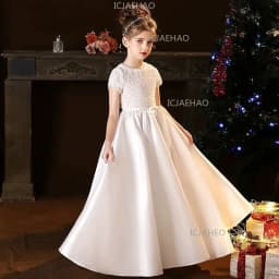 White Kids Formal Princess Performance Birthday Flower Girl Evening Dress Gown Korean Style Sweet Little Children Host Piano