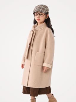 Children 100% Wool Double-Faced Coat with Scarf Collar Unlined Long Winter Overcoat Warm Soft Outerwear Kids Long Coat Handmade