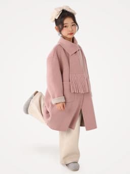Children 100% Wool Double-Faced Coat with Scarf Collar Unlined Long Winter Overcoat Warm Soft Outerwear Kids Long Coat Handmade