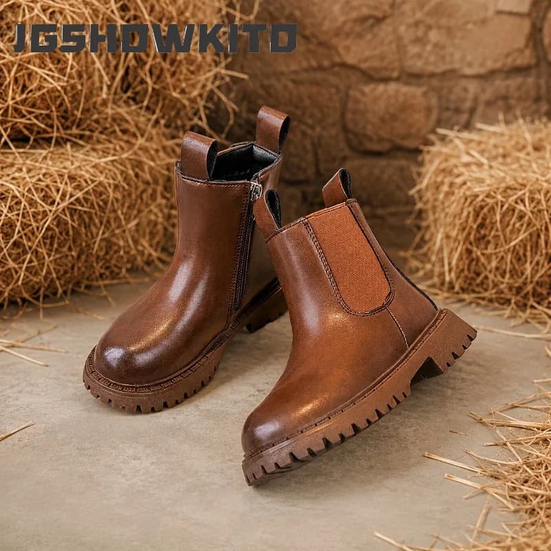 JGSHOWKITO Simple Children Leather Boots Retro Solid Color Boys Girls Ankle Boots for School Non-slip Kids Platform Boots Zipper