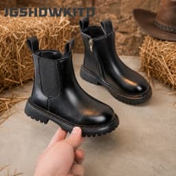 JGSHOWKITO Simple Children Leather Boots Retro Solid Color Boys Girls Ankle Boots for School Non-slip Kids Platform Boots Zipper