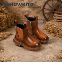 JGSHOWKITO Simple Children Leather Boots Retro Solid Color Boys Girls Ankle Boots for School Non-slip Kids Platform Boots Zipper
