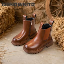 JGSHOWKITO Simple Children Leather Boots Retro Solid Color Boys Girls Ankle Boots for School Non-slip Kids Platform Boots Zipper