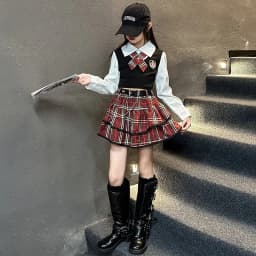 junior girls JK clothes Set Child Internet Celebrity Street Uniform suit Splicing shirt+checkered cake skirt+belt kids outfits