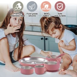 Color Kids 10PCS Infant Feeding Set Stainless Steel Silicone Tableware With Detachable Bowl Plate Bib Weaning Utensils For Baby