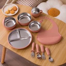 Color Kids 10PCS Infant Feeding Set Stainless Steel Silicone Tableware With Detachable Bowl Plate Bib Weaning Utensils For Baby