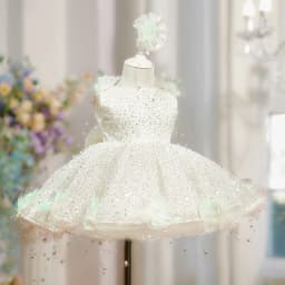 Pearl Flower Dress Children's Princess Dress European and American Style Sequin Pearl Flower Girls Party Playing White Dress
