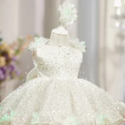 Pearl Flower Dress Children's Princess Dress European and American Style Sequin Pearl Flower Girls Party Playing White Dress