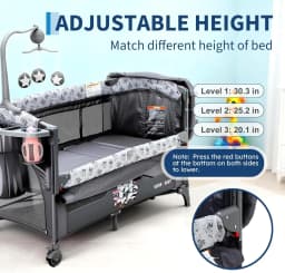 5 In 1 Foldable Baby Bedside Sleeper with Bassinet Diaper Changer Mattress Hanging Toys Quick-Fold Infant Crib From for Newborn