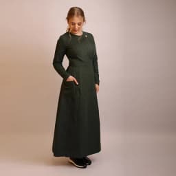 Autumn Winter Women's Woven Denim Wrap Dress with Side Pockets Grey and Green Long Sleeves Round-Neck Casual Maxi Dress