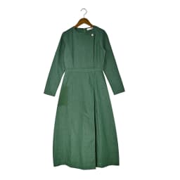 Autumn Winter Women's Woven Denim Wrap Dress with Side Pockets Grey and Green Long Sleeves Round-Neck Casual Maxi Dress