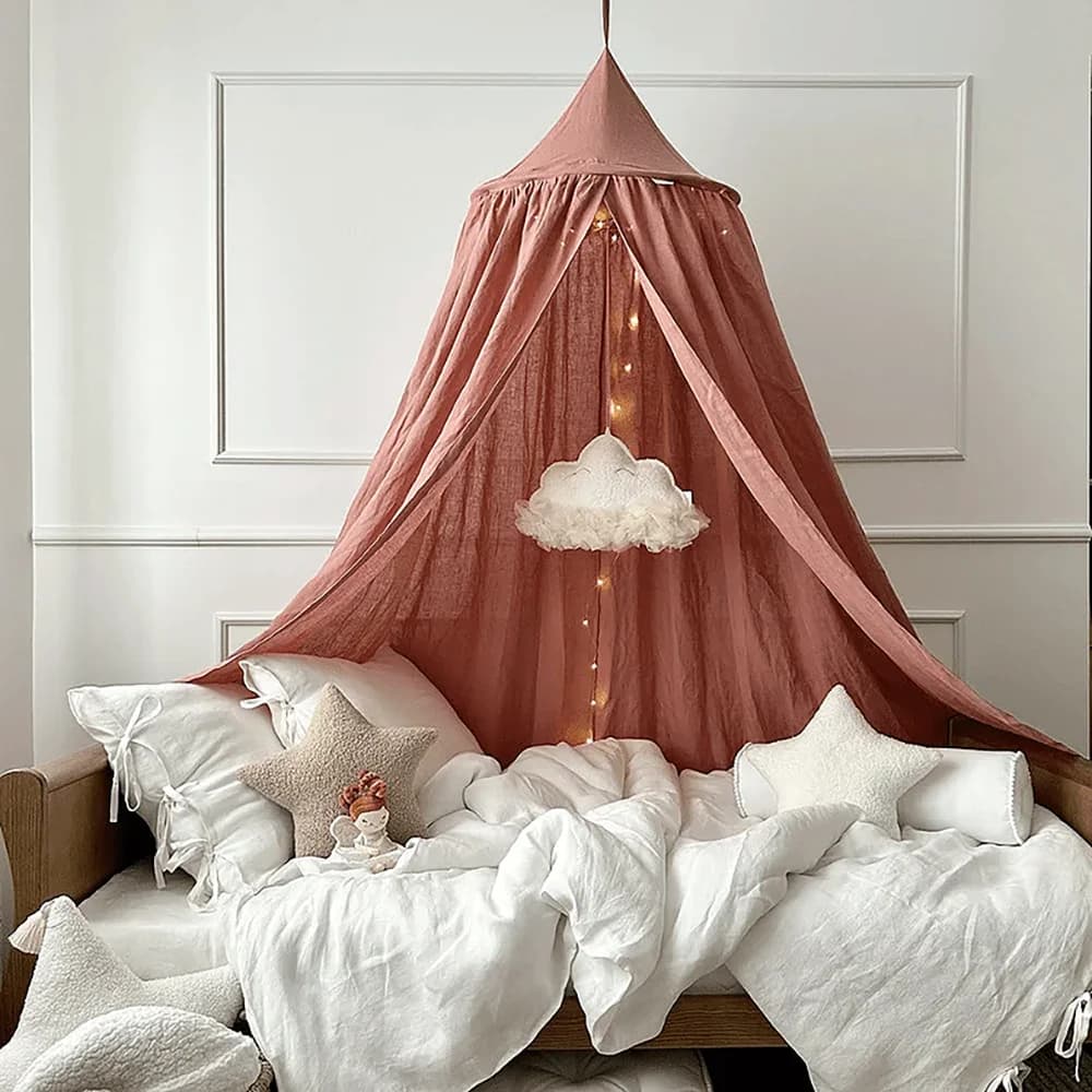 Kids Bed Canopy Cotton Linen Cover Net Baby Crib Reading Nook Curtain Nursery Room Decor Hideaway Hanging Round Tent