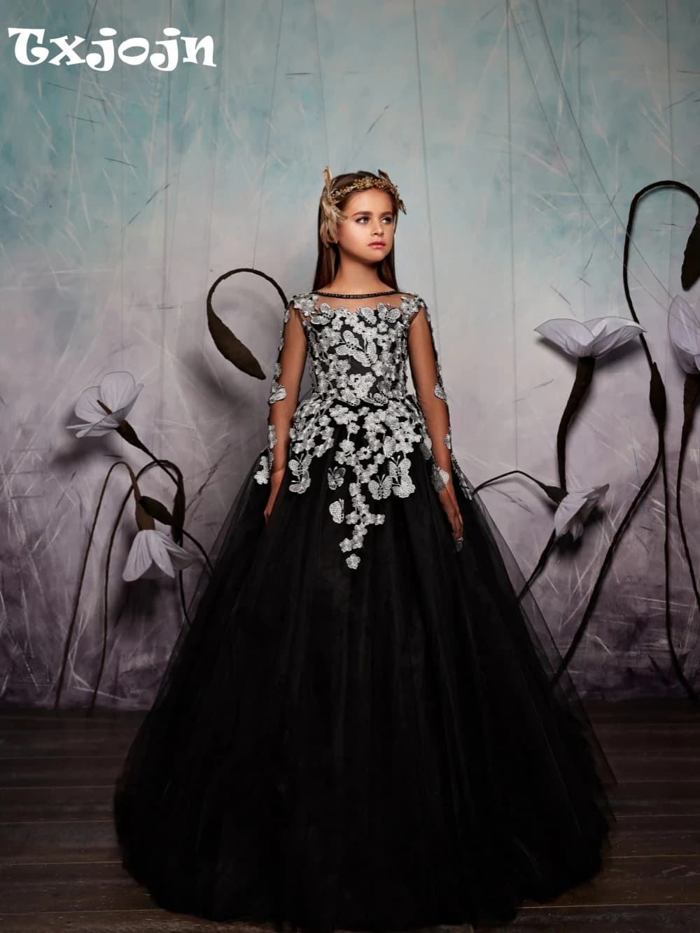 Fashionable Black Beaded Lace Appliques A-line Tulle Princess Gown Gor Girls Performance Wear Elegant Long Sleeve Kids Dresses