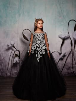Fashionable Black Beaded Lace Appliques A-line Tulle Princess Gown Gor Girls Performance Wear Elegant Long Sleeve Kids Dresses