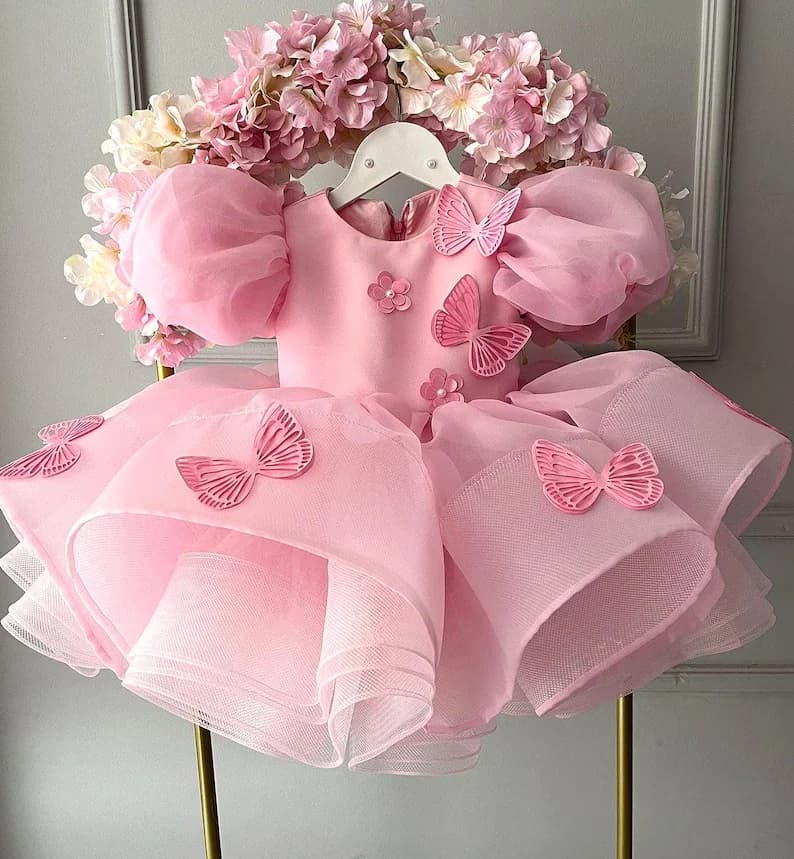 Baby Girls Dress Pink Bubble Sleeve Butterfly Dress Pageant Dresses for Toddler Girls Official Christmas Dinner Clothes