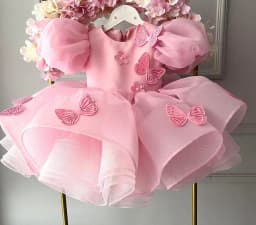 Baby Girls Dress Pink Bubble Sleeve Butterfly Dress Pageant Dresses for Toddler Girls Official Christmas Dinner Clothes