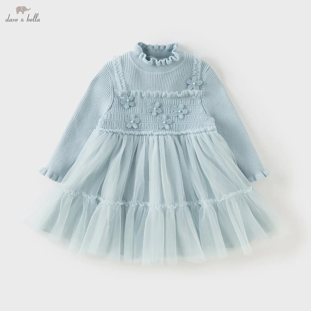 Dave Bella Girls Sweater Dress Autumn Winter Long Sleeves Kids Cotton Plush Lace Mesh Dress Outerwear Children Clothes DB4243419