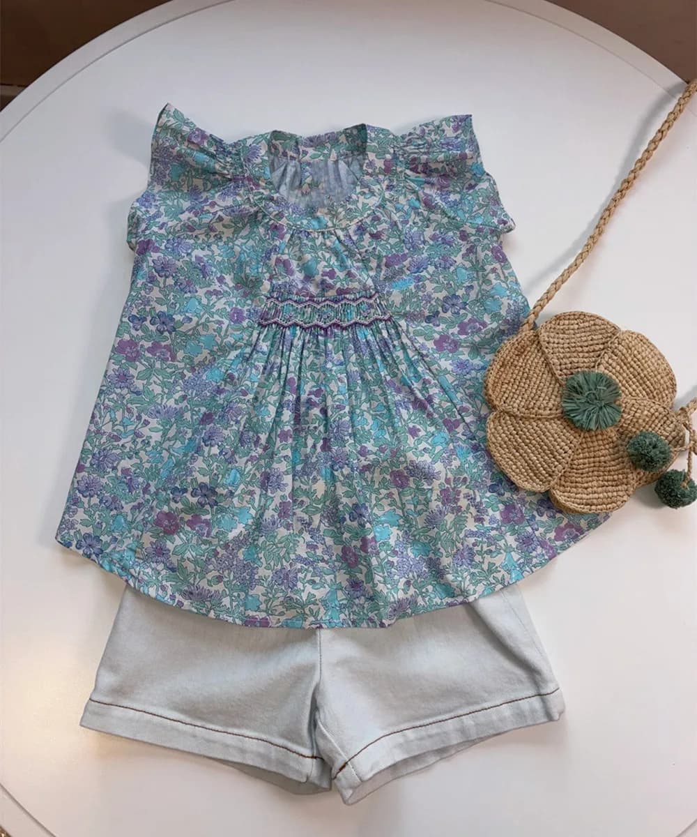 Kids Girl Clothes baby tops Cotton T-Shirt Summer tops Hand embroidery Blue Floral Pattern Girls' Top