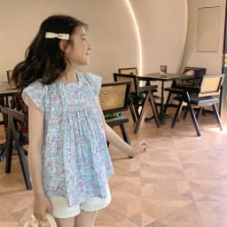 Kids Girl Clothes baby tops Cotton T-Shirt Summer tops Hand embroidery Blue Floral Pattern Girls' Top