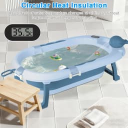 Baby Folding Bath Tub with Steel Stand, Built-In Thermometer, Ergonomic Cushion, Safe and Comfortable, 0-3 Years, Grey/Blue/Green/Violet/Pink