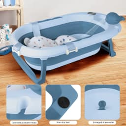 Baby Folding Bath Tub with Steel Stand, Built-In Thermometer, Ergonomic Cushion, Safe and Comfortable, 0-3 Years, Grey/Blue/Green/Violet/Pink