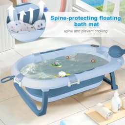 Baby Folding Bath Tub with Steel Stand, Built-In Thermometer, Ergonomic Cushion, Safe and Comfortable, 0-3 Years, Grey/Blue/Green/Violet/Pink