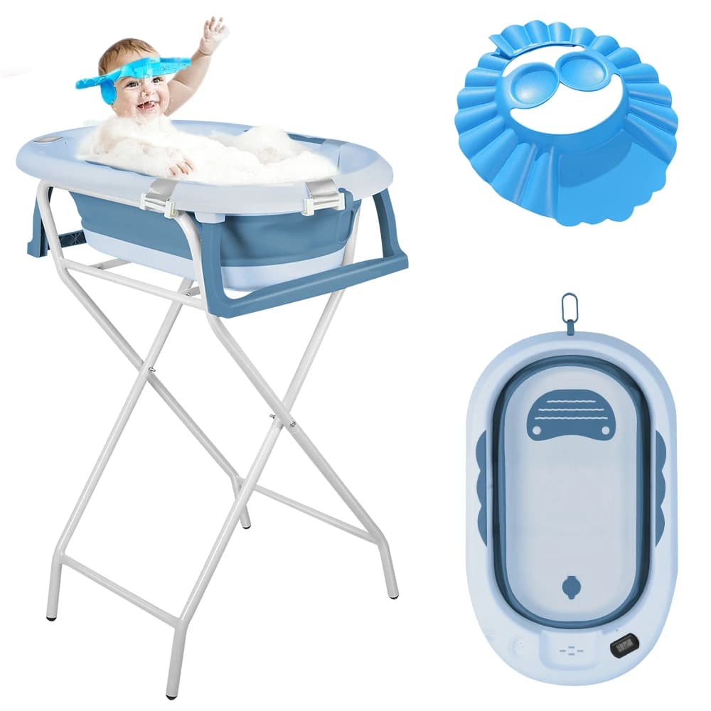Baby Folding Bath Tub with Steel Stand, Built-In Thermometer, Ergonomic Cushion, Safe and Comfortable, 0-3 Years, Grey/Blue/Green/Violet/Pink