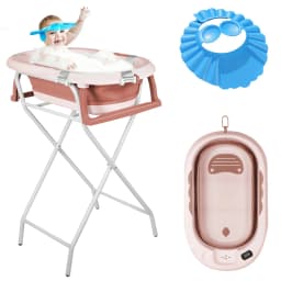 Baby Folding Bath Tub with Steel Stand, Built-In Thermometer, Ergonomic Cushion, Safe and Comfortable, 0-3 Years, Grey/Blue/Green/Violet/Pink