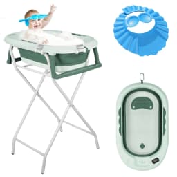 Baby Folding Bath Tub with Steel Stand, Built-In Thermometer, Ergonomic Cushion, Safe and Comfortable, 0-3 Years, Grey/Blue/Green/Violet/Pink